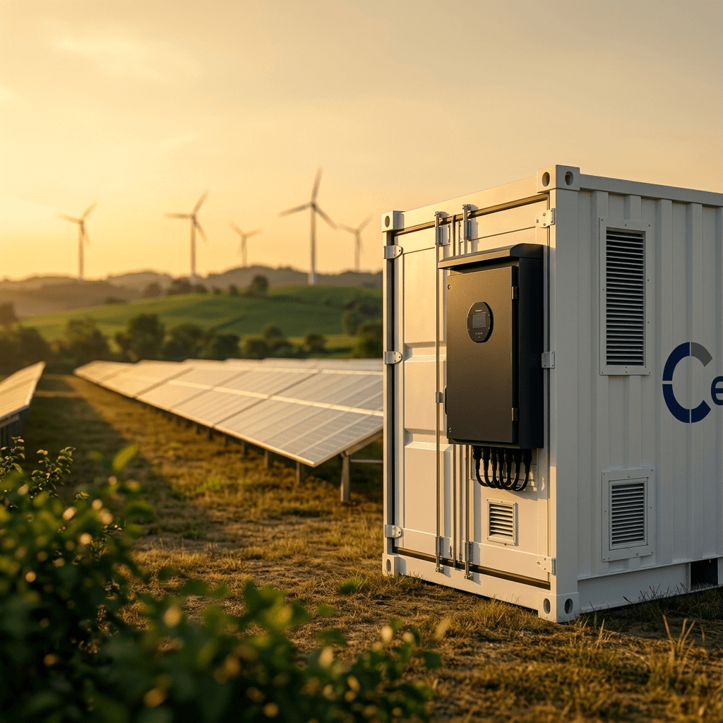 A CeyCell containerised system at a community solar site